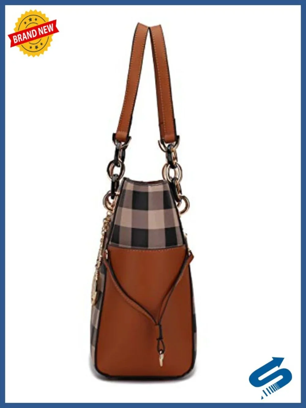 Checkered Vegan Leather Tote Bag with Wristlet Wallet Set